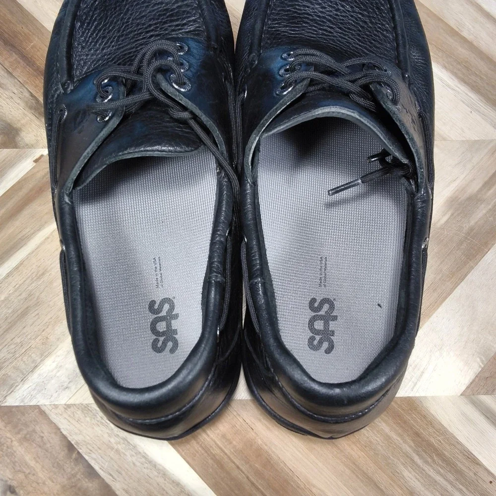 SAS Decksider Mens 11.5 WIDE‎ Lace Up Boat Shoes Black Leather Comfort Support
